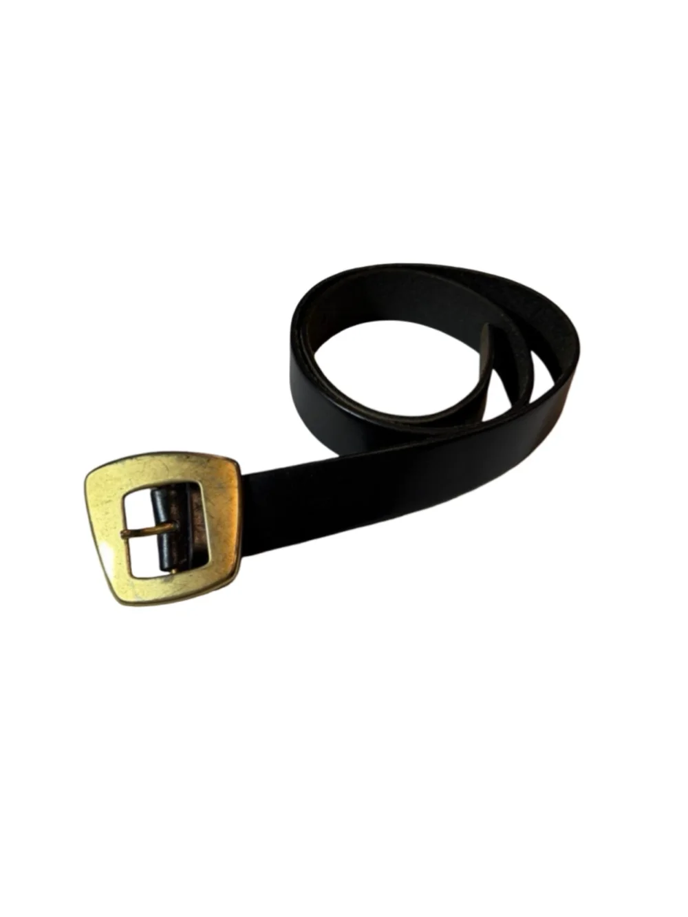 Vintage Express Black Leather Belt Medium Oversized Brass Geometric Buckle